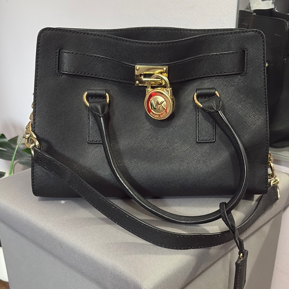 Michael Kors Black and Gold Saffiano Satchel